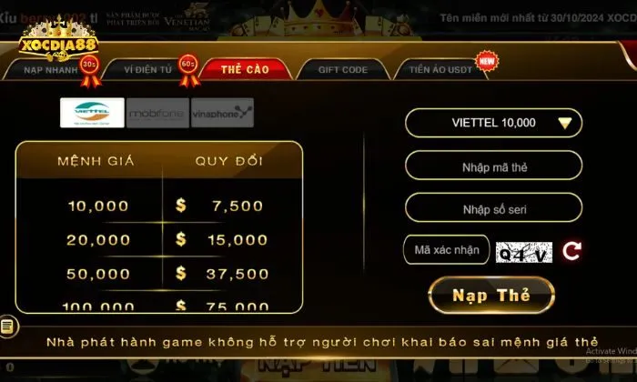 Nạp tiền Xocdia88 qua thẻ cào